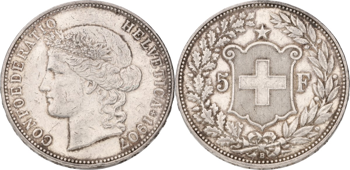 Goudwisselkantoor auction: Switzerland. 5 Francs. 1907 B. VF / XF