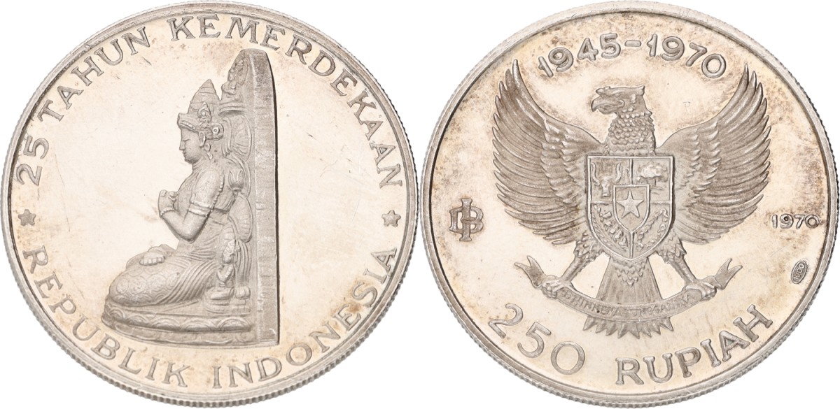 Goudwisselkantoor auction: Indonesia. 250 Rupiah. Manjusri Statue. 1970. Proof