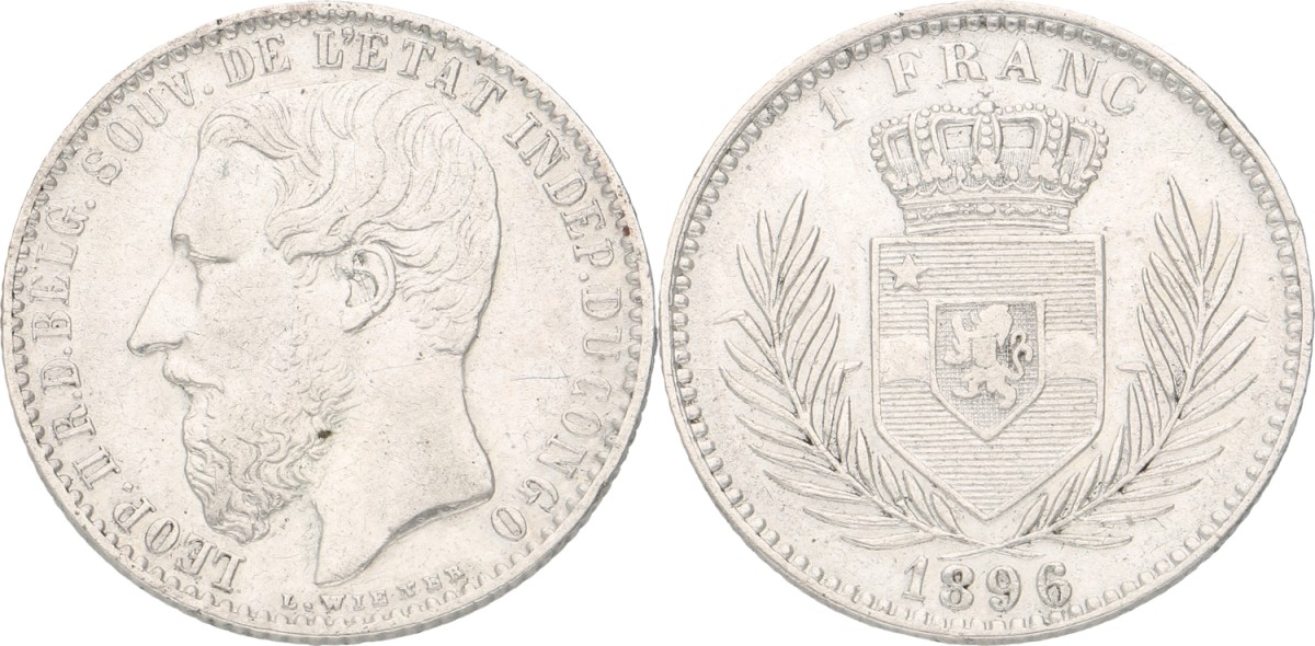 Goudwisselkantoor auction: Congo. Free state. Belgian colony. Leopold II. 1 Franc. 1896. XF -