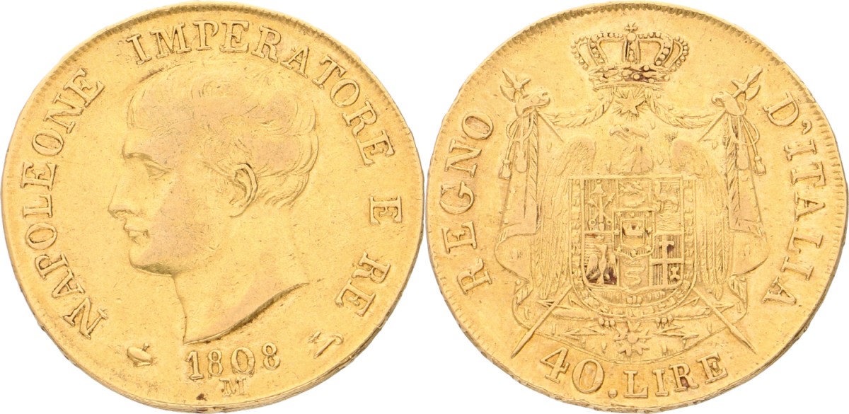 Goudwisselkantoor auction: Italian states. Napoleonic kingdom. Napoleon. 40 Lire. 1808 M. VF +