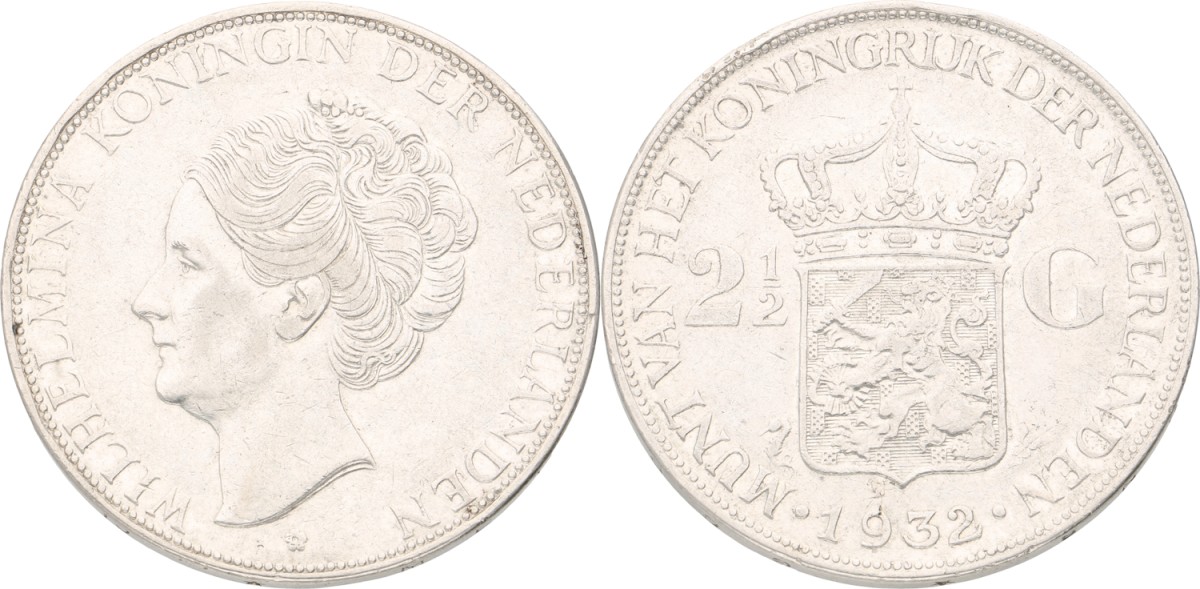 Goudwisselkantoor auction: 2½ Gulden. Wilhelmina. 1932. Wide hairlines. XF -
