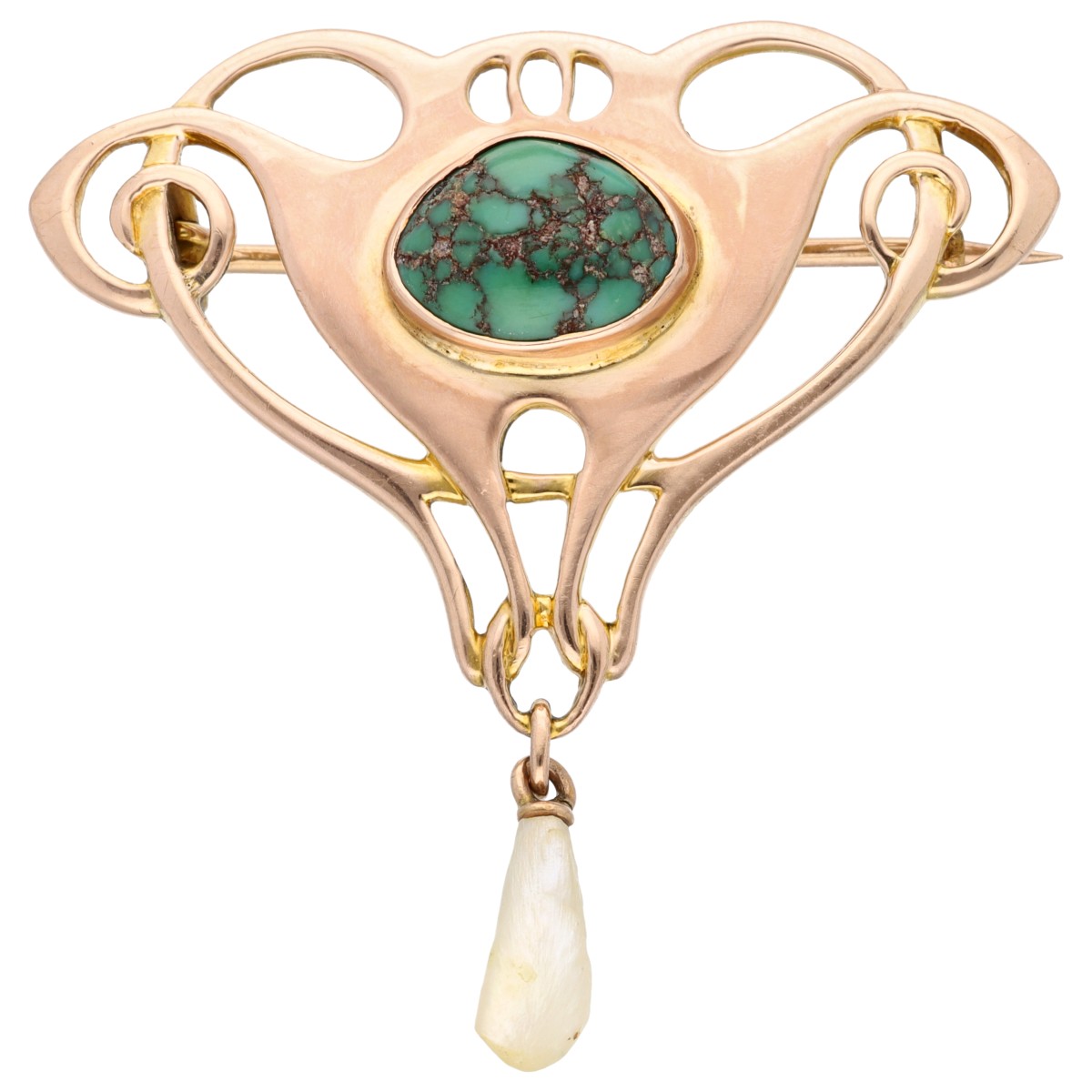 Goudwisselkantoor auction: Art Nouveau 9K Rose gold brooch set with turquoise and a pearl