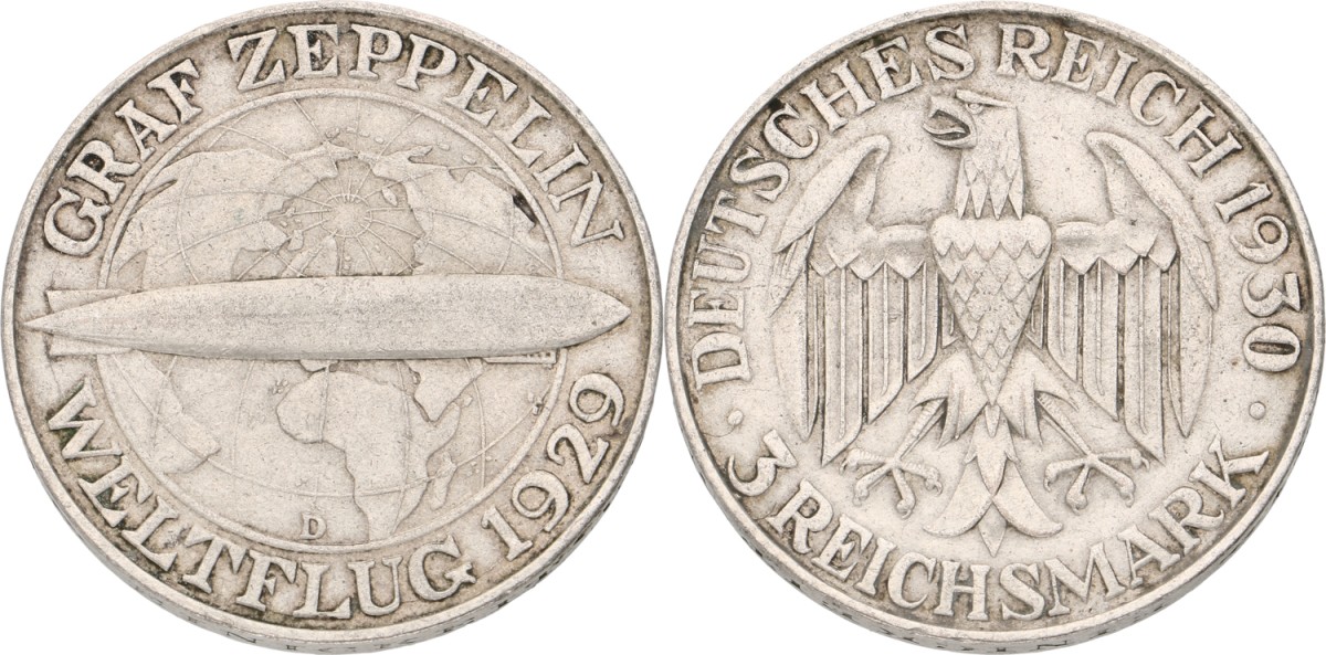 Goudwisselkantoor auction: Germany. Weimar Republic. 3 Mark. Zeppelin. 1930. AUnc