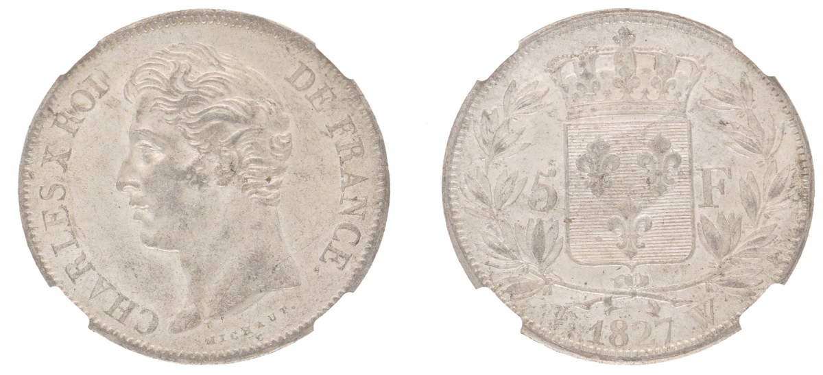 Goudwisselkantoor auction: France. Charles X. 5 Francs. 1827 W. NGC graded. MS 62