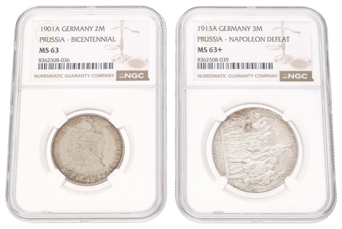 Goudwisselkantoor auction: German states. Prussia. Wilhelm II. Lot (2) 2 & 3 Mark. 20th century. NGC graded. MS 63 & MS 63+