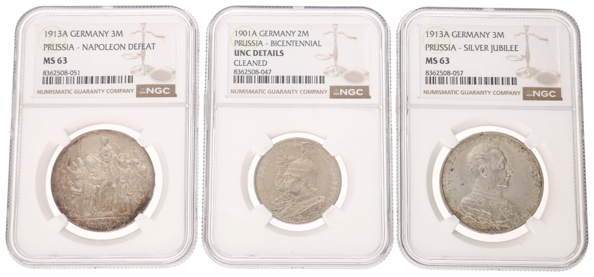 Goudwisselkantoor auction: German states. Prussia. Wilhelm II. Lot (3). 2 & 3 Mark. 20th Century. NGC graded MS 63 & UNC Details