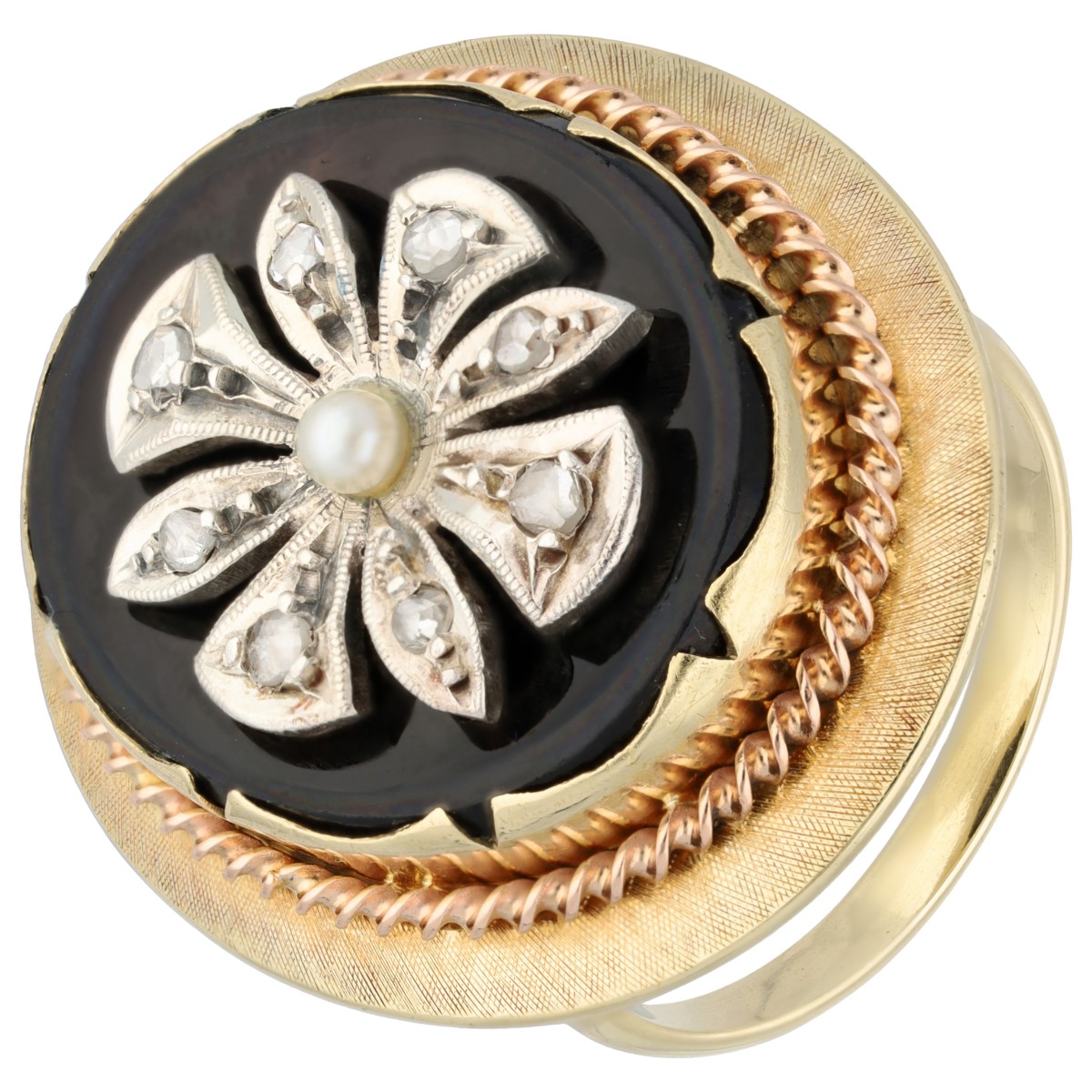 Goudwisselkantoor auction: 14K Geelgouden/zilveren ring bezet met onyx, roosdiamant en parel