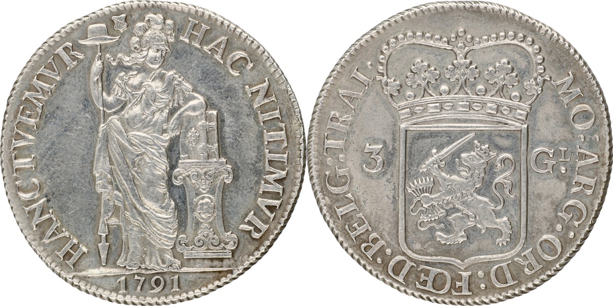 Goudwisselkantoor auction: 3 gulden. Generaliteits. Utrecht. 1791. VF / XF