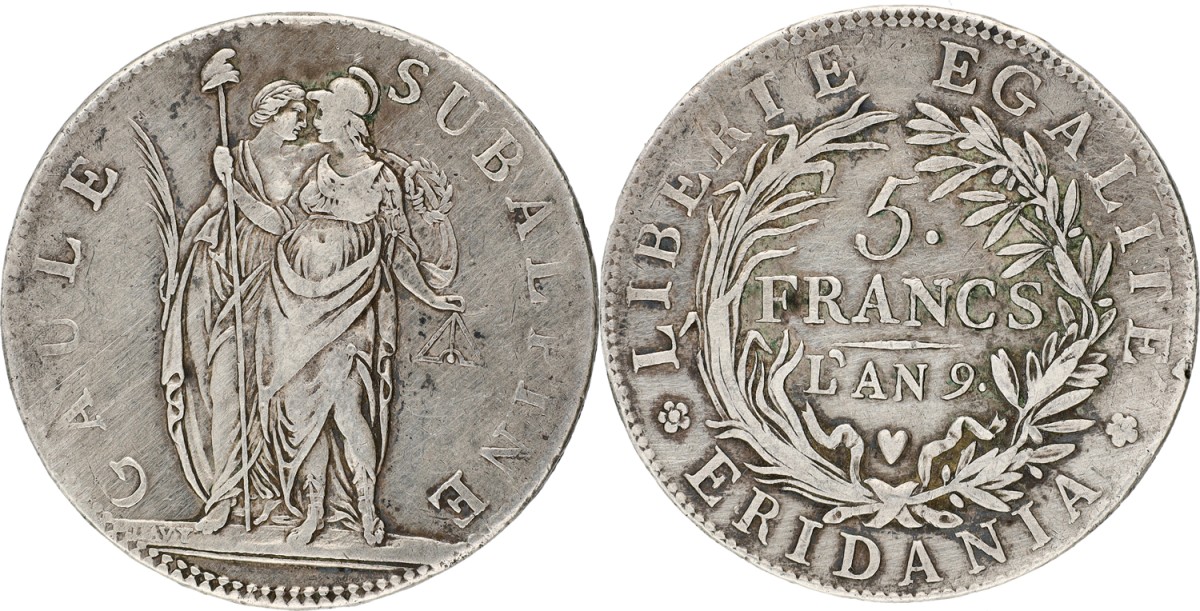 Goudwisselkantoor auction: Italian states. Sub-Alpine republic. 5 Francs. An. 9. VF +