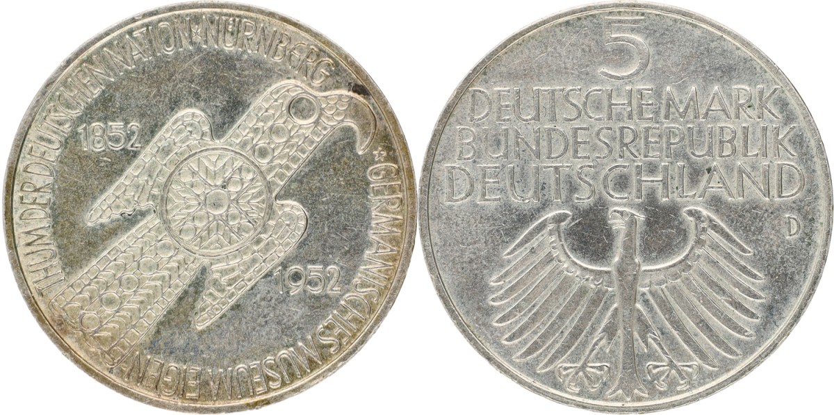 Goudwisselkantoor auction: Germany. BRD. 5 Mark. Germanic museum. 1952 D. AUnc