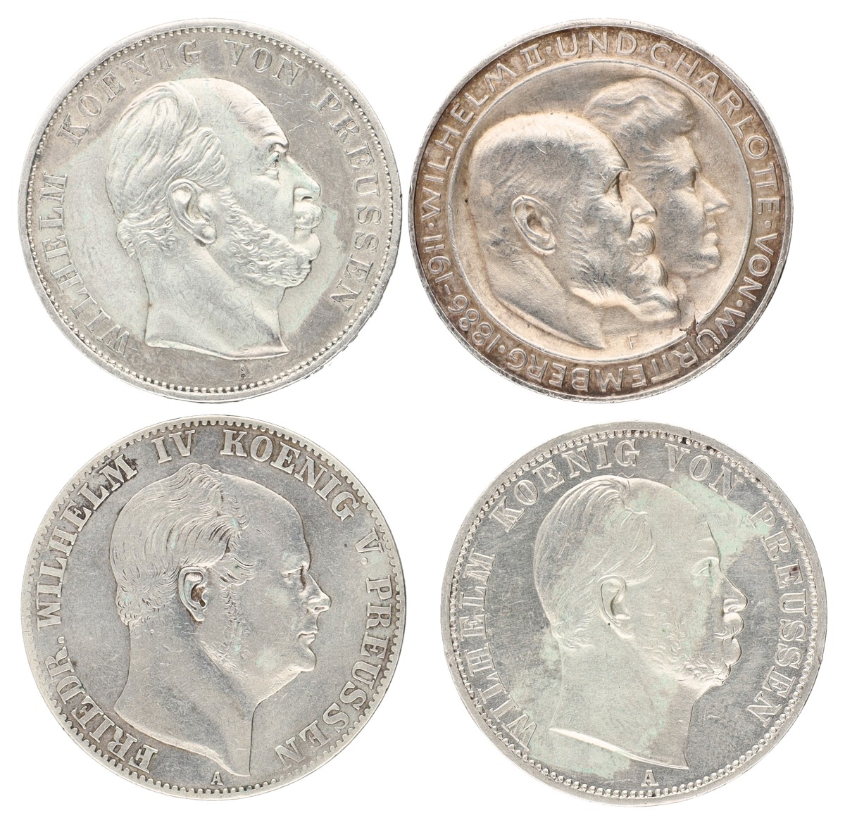 Goudwisselkantoor auction: German states. Prussia & Württemberg. Lot (4) Thaler & 3 Mark. Average VF