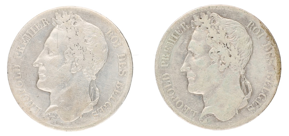 Goudwisselkantoor auction: Belgium. Leopold I. Lot (2) 5 Francs. 1833 & 1834. Average VF