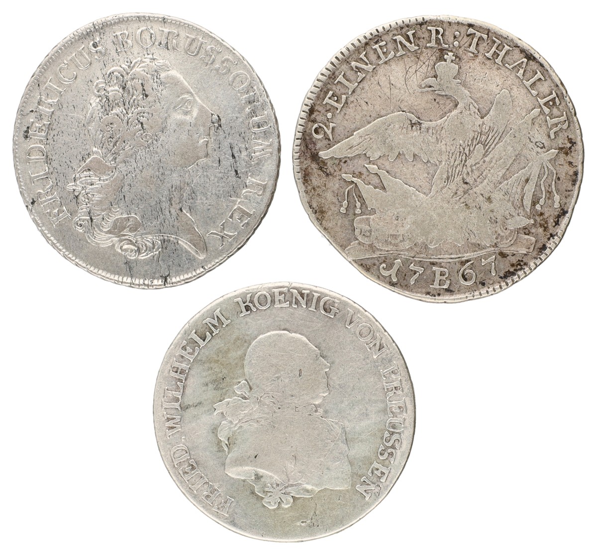 Goudwisselkantoor auction: German states. Prussia. Friedrich II & Friedrich Wilhelm. Lot (3) 1/3 & ½ thaler. 1767, 1772 & 1792. Average VF