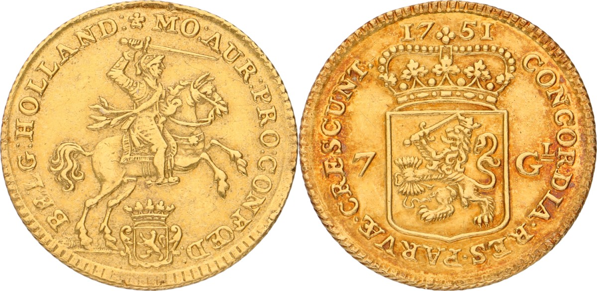 Goudwisselkantoor auction: Halve gouden Rijder van 7 Gulden. Holland. 1751. VF / XF