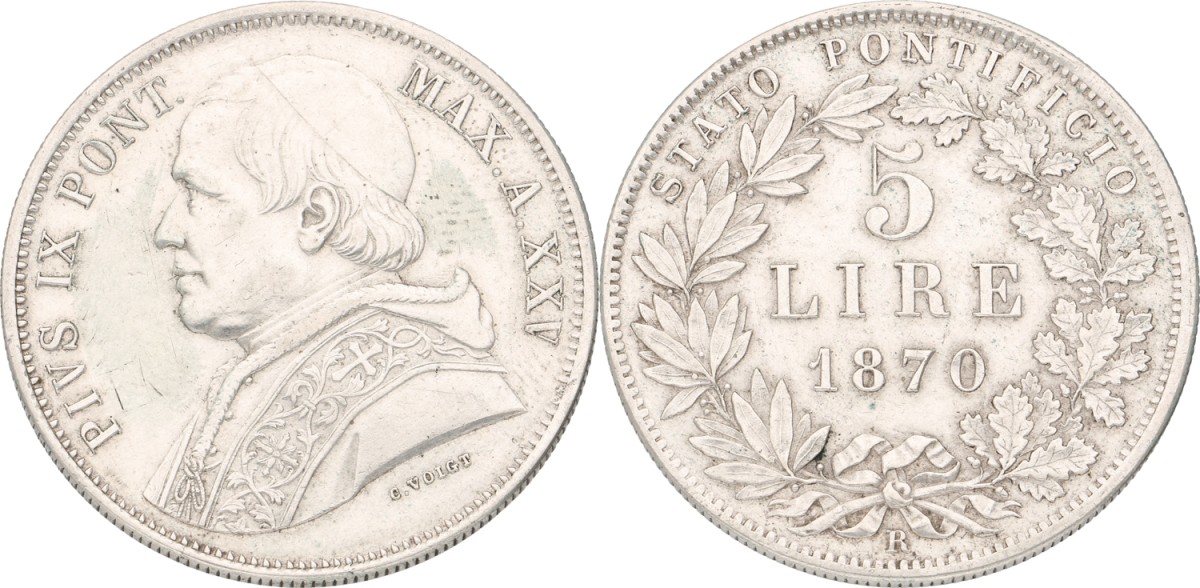 Goudwisselkantoor auction: Italian States. Papal States. Pius IX. 5 Lire. 1870. VF