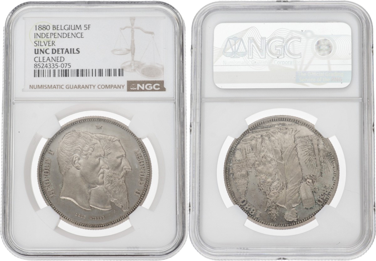 Goudwisselkantoor auction: Belgium. Leopold II. 5 Francs. 50 years independence. 1880. 15 beams to the left. NGC graded. UNC details