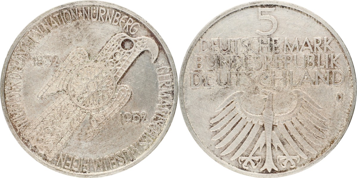 Goudwisselkantoor auction: Germany. BRD. 5 Mark. Germanic museum. 1952 D. UNC