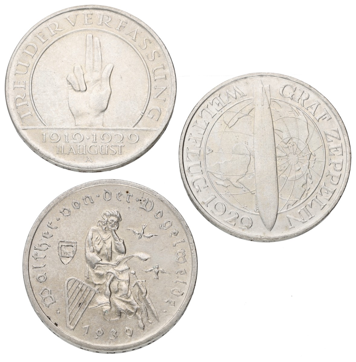 Goudwisselkantoor auction: Germany. Weimar republic. Lot (3) 3 Mark. Vogelweide, Zeppelin & Weimar constitution. 1929 A & 1930 A. Average AUnc