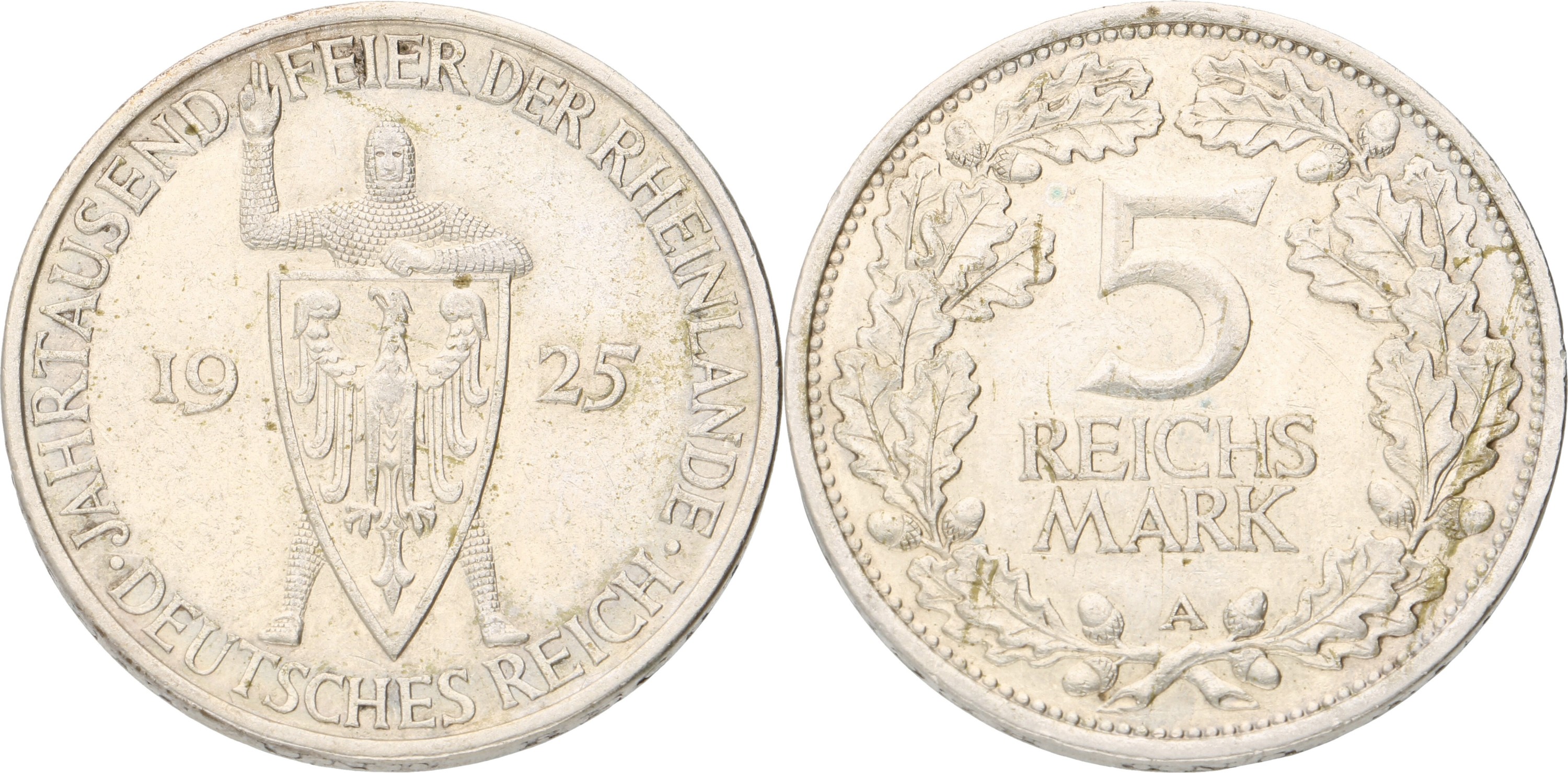 Goudwisselkantoor auction: Germany. Weimar republic. 5 mark. 1000th anniversary of the Rhineland. 1925 A. VF +