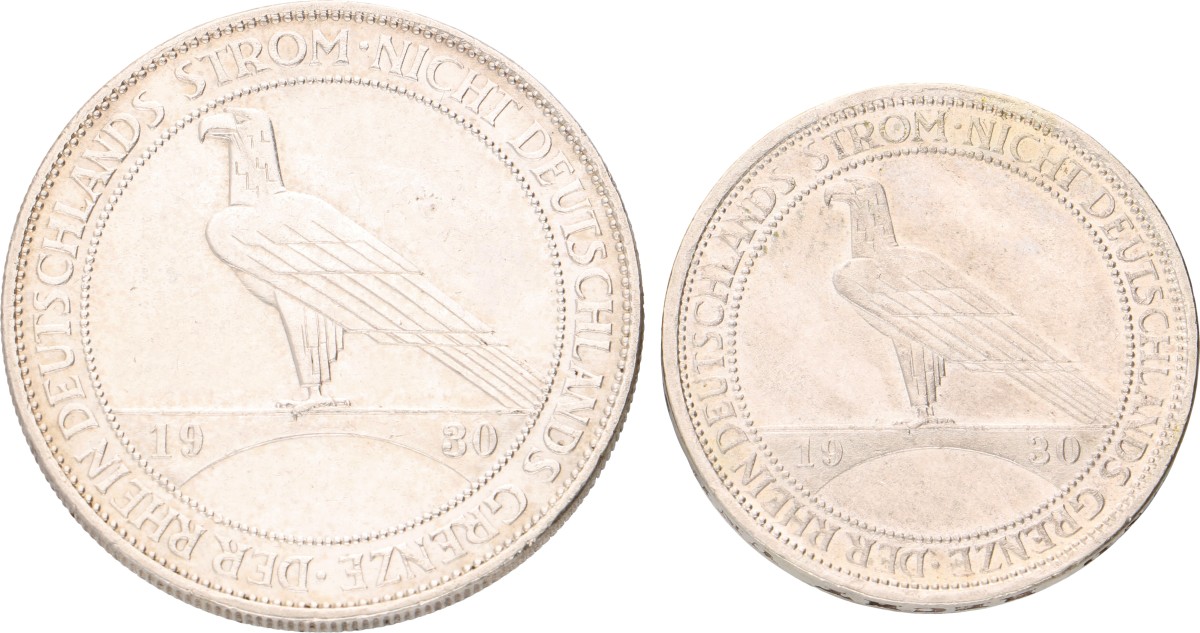 Goudwisselkantoor auction: Germany. Weimar republic. Lot (2) 5 & 3 Mark. Rheinlandraümung. 1930 A. Average XF