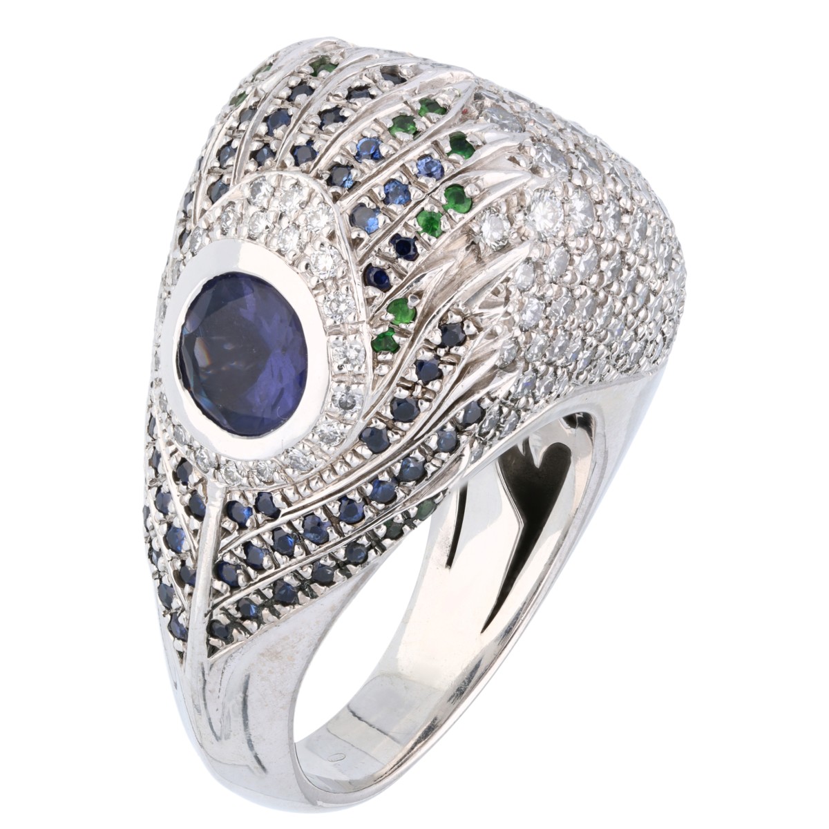 Goudwisselkantoor auction: Carrera y Carrera 'Peacock Carnaval' 18K Witgouden ring bezet met ioliet, diamant, saffier en granaat