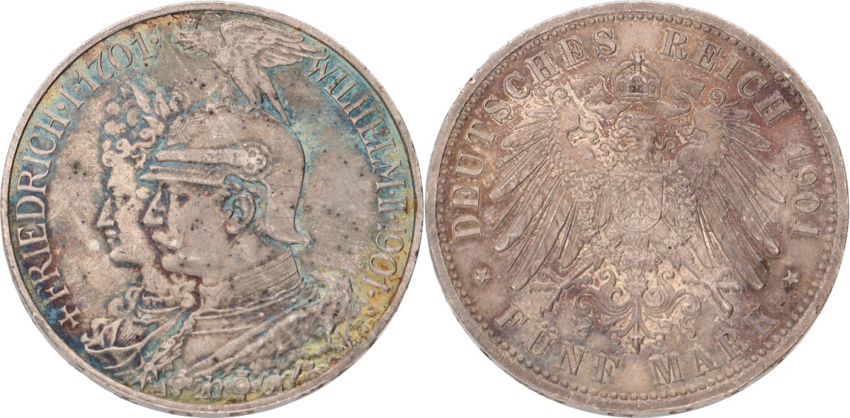 Goudwisselkantoor auction: German states. Prussia. Wilhelm II. 5 Mark. Bicentennial. 1901. XF