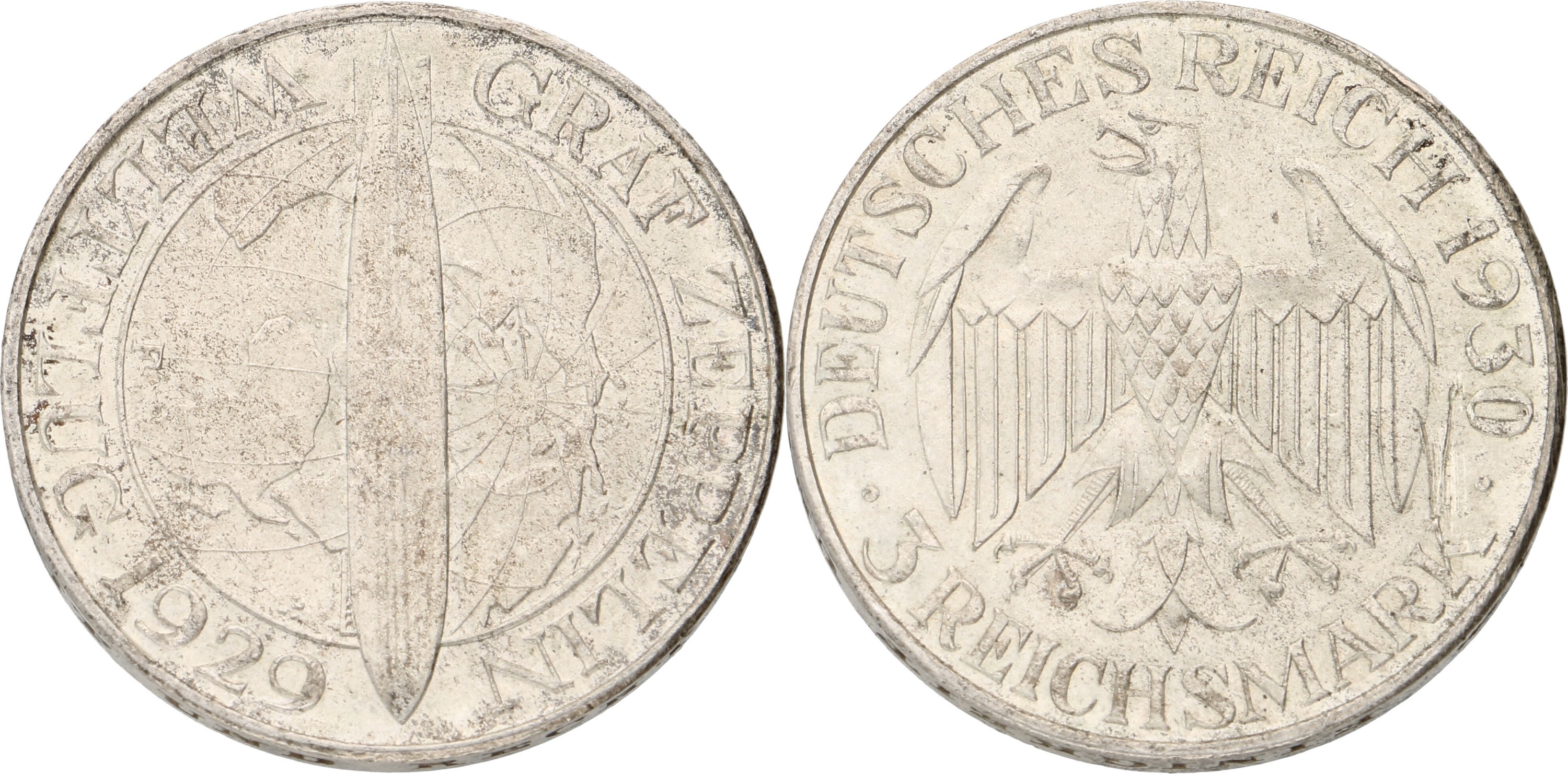 Goudwisselkantoor auction: Germany. Weimar republic. 3 Mark. Zeppelin. 1930 F. AUnc