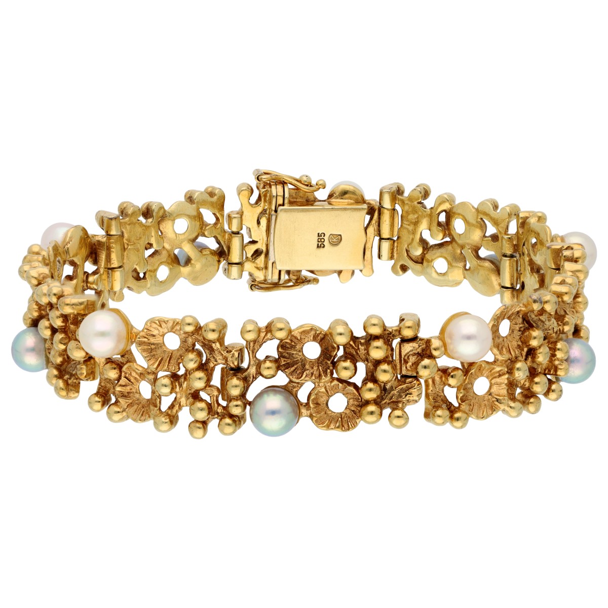 Goudwisselkantoor auction: 14K Yellow gold link bracelet set with cultured pearls
