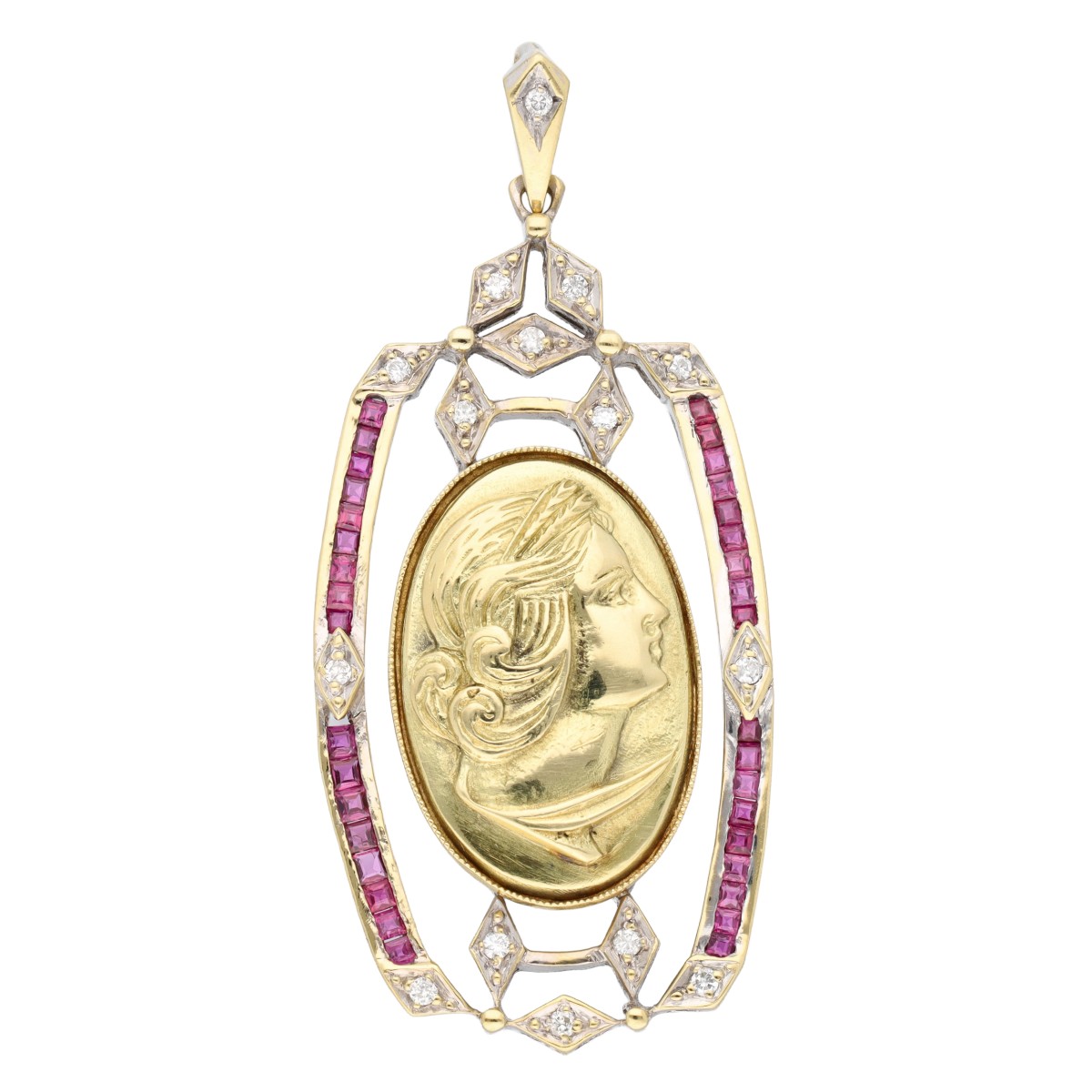 Goudwisselkantoor auction: Art Nouveau 18K Bicolor gouden hanger bezet met diamant en robijn
