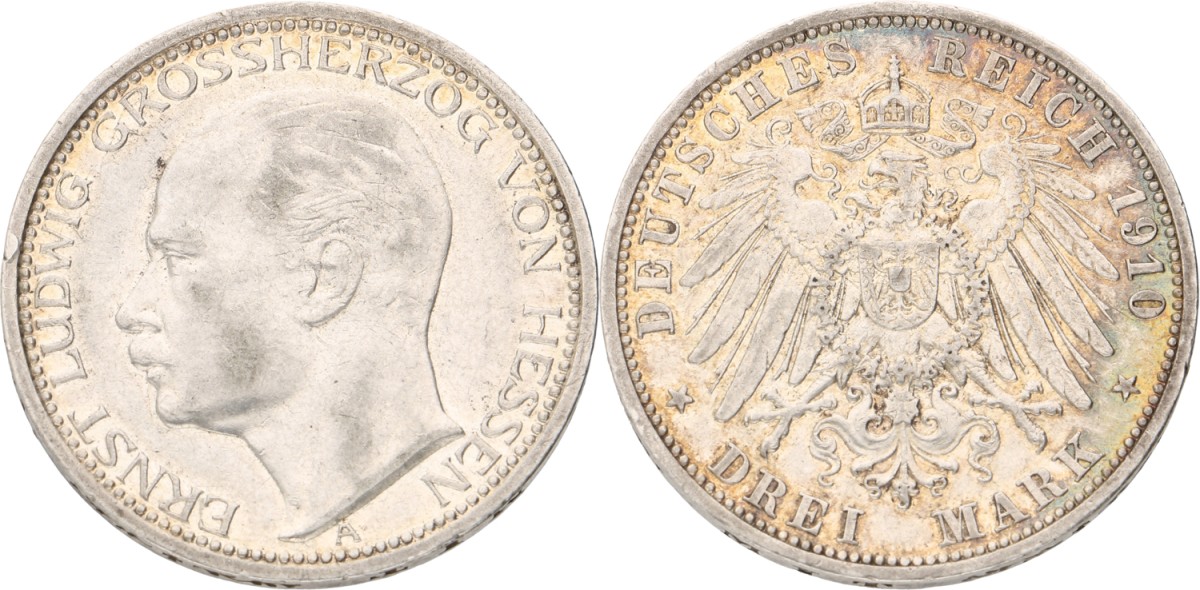 Goudwisselkantoor auction: German states. Hessen-Darmstadt. Ernst Lüdwig. 3 Mark. 1910 A. VF / XF