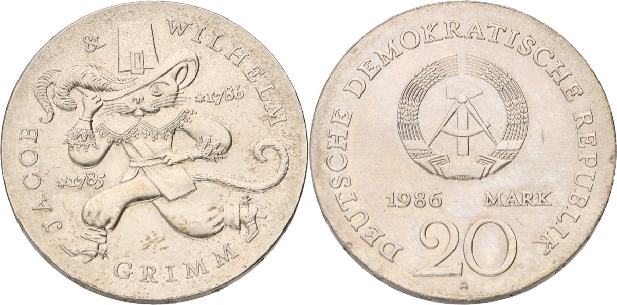 Goudwisselkantoor auction: Germany. DDR. 20 Mark. Jacob & Wilhelm Grimm. 1986. AUnc