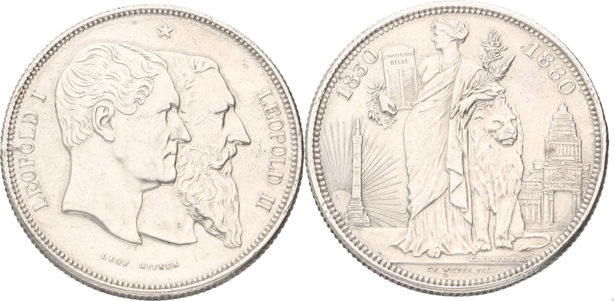Goudwisselkantoor auction: Belgium. Leopold II. 5 Francs. Independence. 1880. VF +