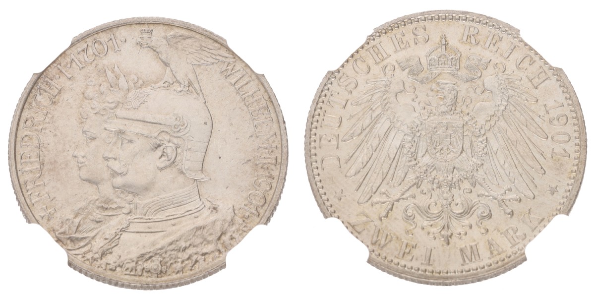 Goudwisselkantoor auction: German states. Prussia. 2 Mark. Bicentennial. 1901 A. NGC graded. MS 63