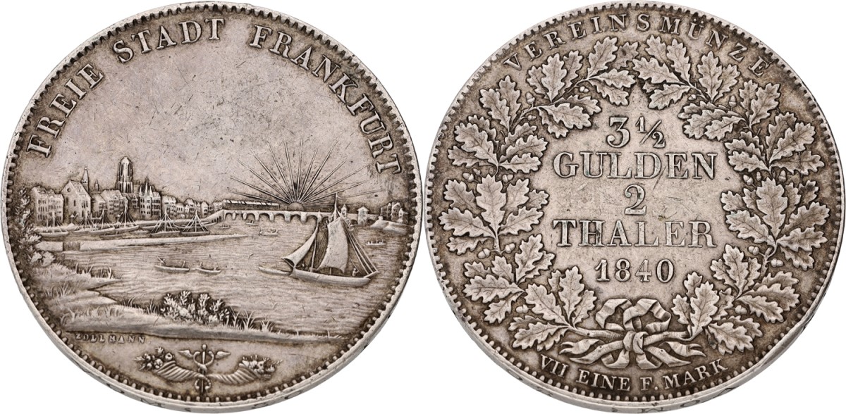 Goudwisselkantoor auction: German states. Frankfurt. 2 Thaler. 1840. VF +