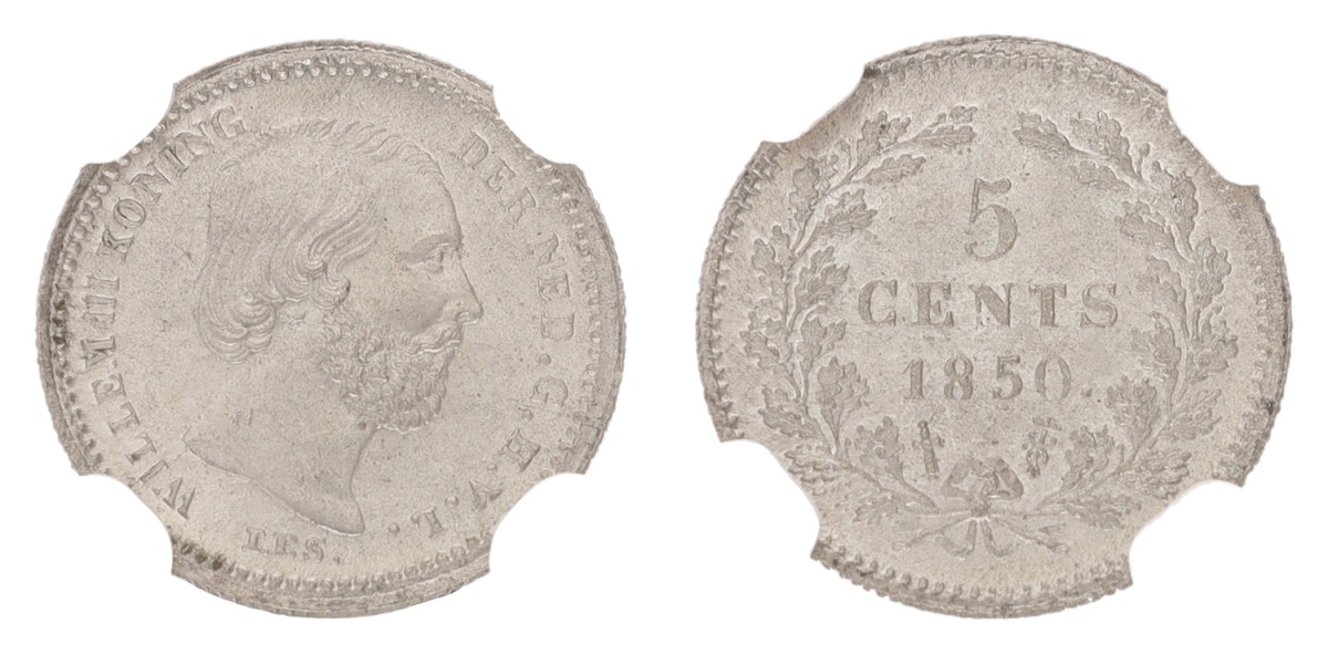 Goudwisselkantoor auction: 5 Cent. Willem III. 1850. With dot after date. NGC graded. MS 67