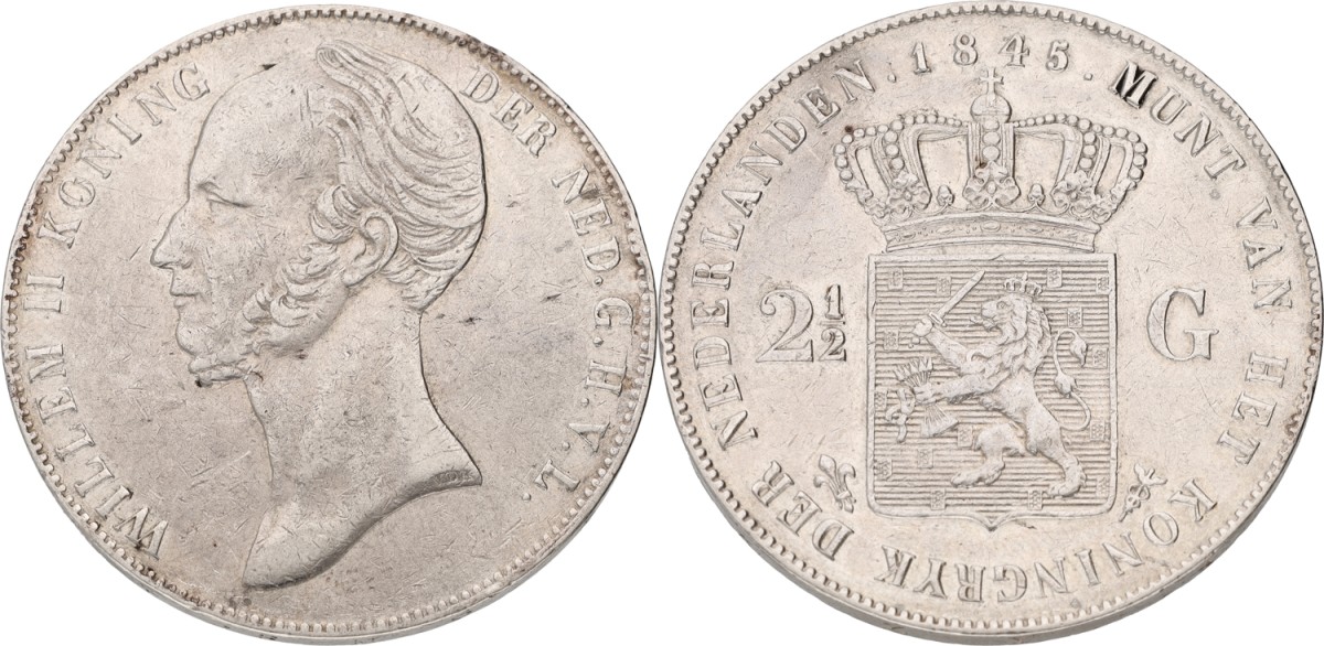 Goudwisselkantoor auction: 2½ Gulden. Willem II. 1845. VF