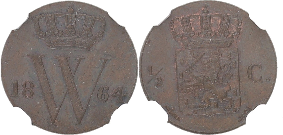 Goudwisselkantoor auction: ½ Cent. Willem III. 1864. NGC graded. MS 66