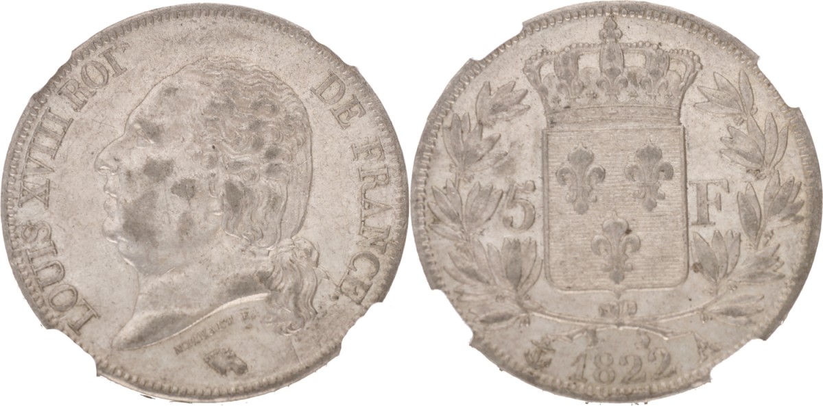 Goudwisselkantoor auction: France. Louis XVIII. 5 Francs. 1822A. NGC graded. AU 58
