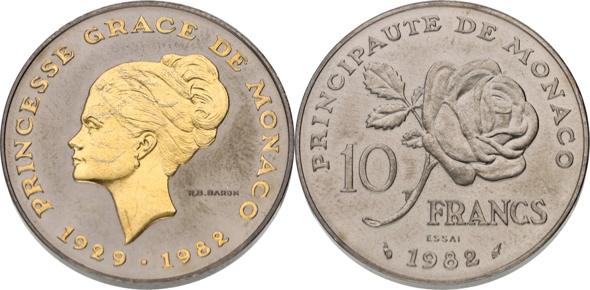 Goudwisselkantoor auction: Monaco. Grace Kelly. 10 Francs - Essai. 1982. UNC