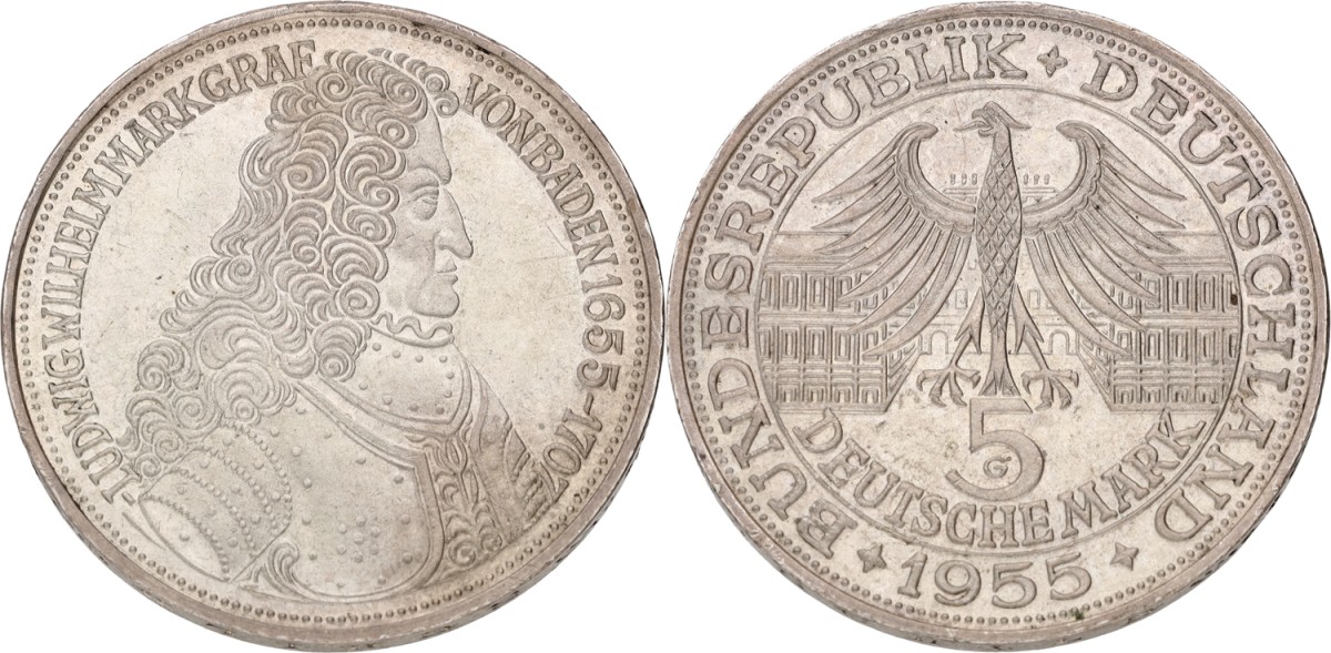 Goudwisselkantoor auction: Germany. BRD. 5 Mark. Türkenlouis. 1955 G. UNC