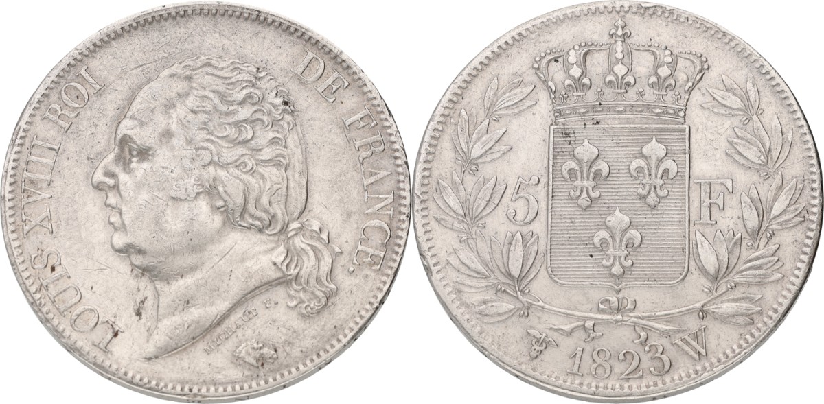 Goudwisselkantoor auction: France. Louis XVIII. 5 Francs. 1823 W. VF +