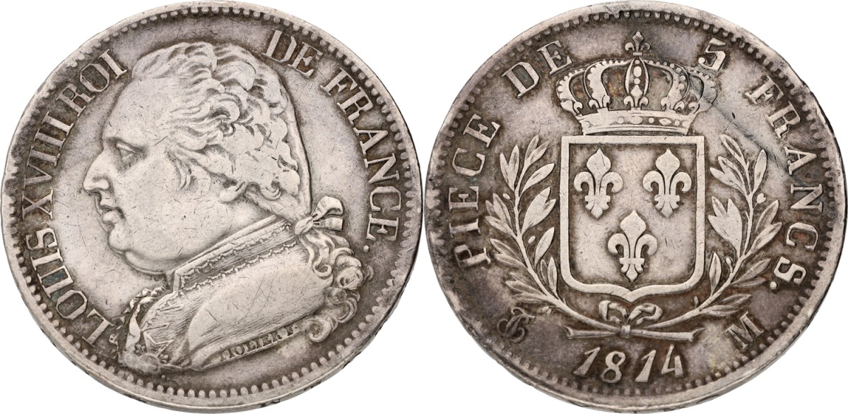 Goudwisselkantoor auction: France. Louis XVIII. 5 Francs. 1814. VF