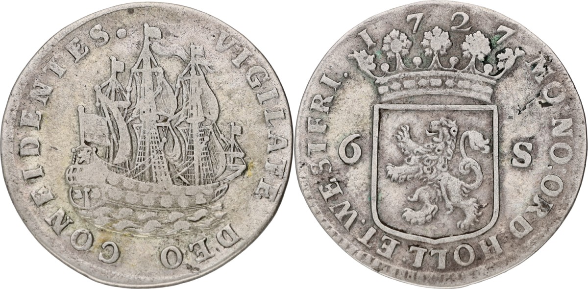 Goudwisselkantoor auction: Scheepjesschelling van 6 stuiver. Holland. 1727. VF +