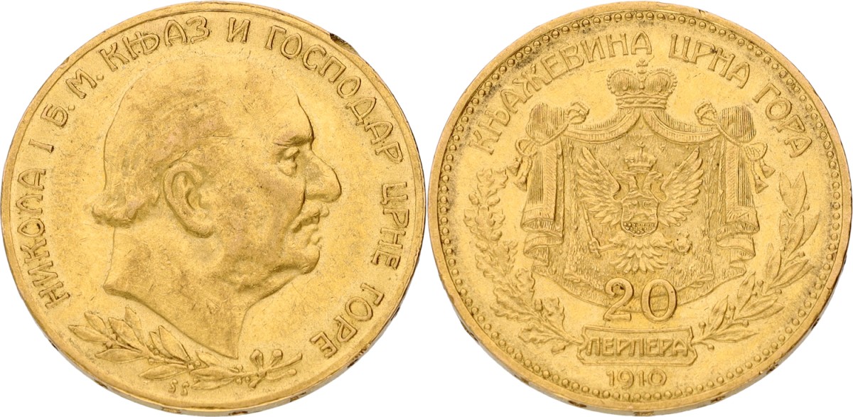 Goudwisselkantoor auction: Montenegro. Nicholas I. 20 Perpera. 1910. VF / XF