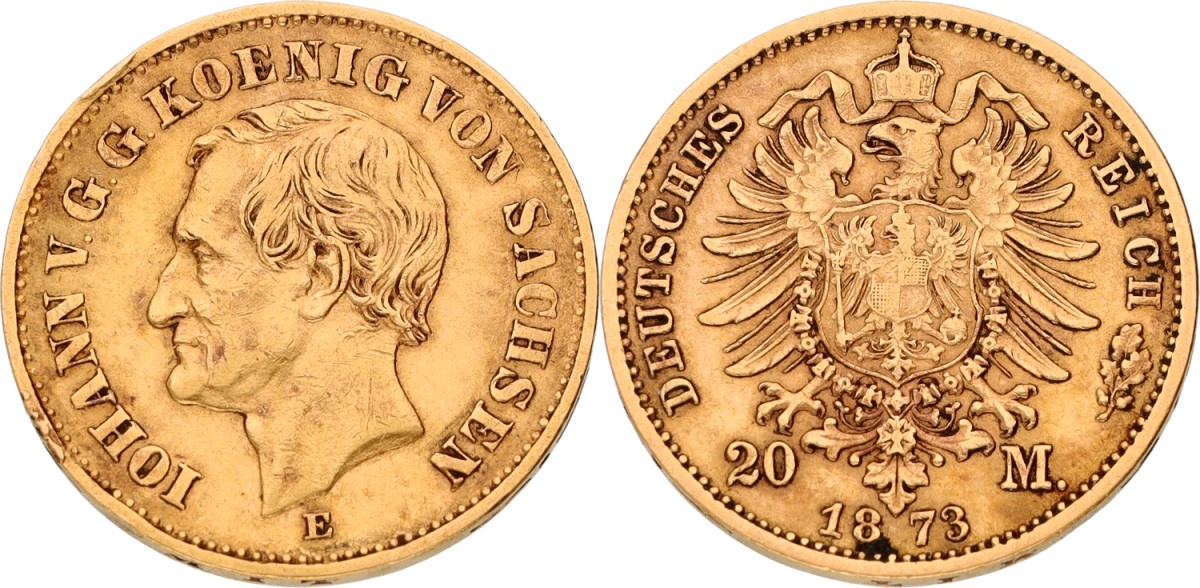 Goudwisselkantoor auction: German states. Saxony. Johan. 20 mark. 1873 E. VF / XF