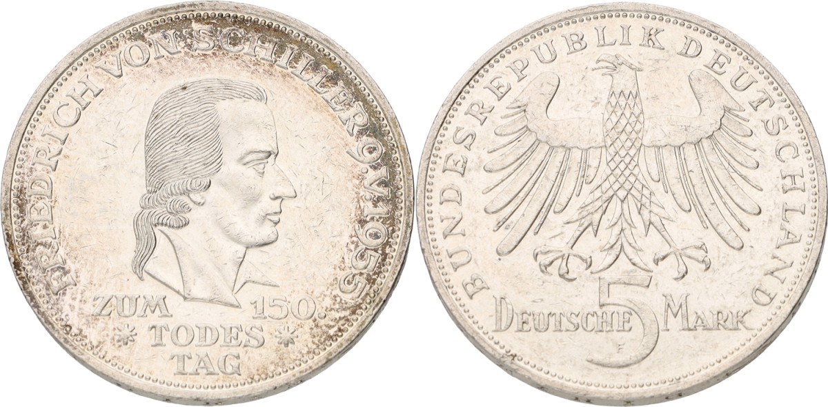 Goudwisselkantoor auction: Germany. BRD. 5 Mark, Friedrich Von Schiller. 1955. AUnc