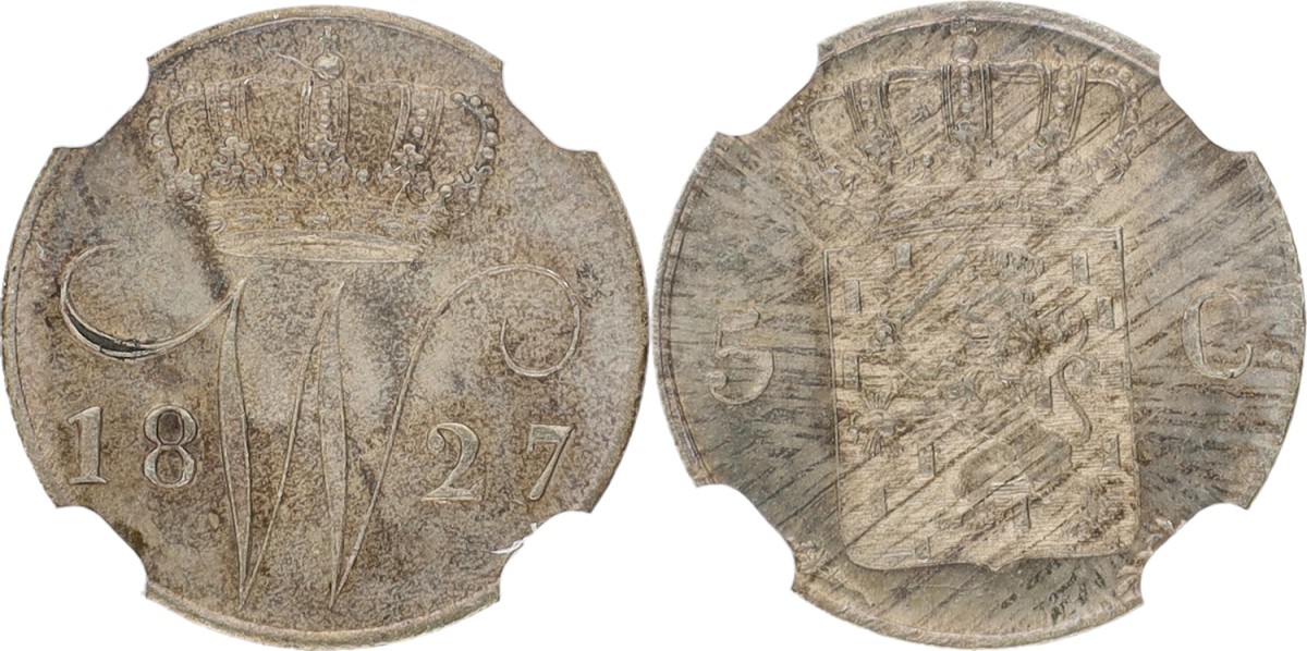 Goudwisselkantoor auction: 5 Cent. Willem I. 1827. NGC graded. MS 66