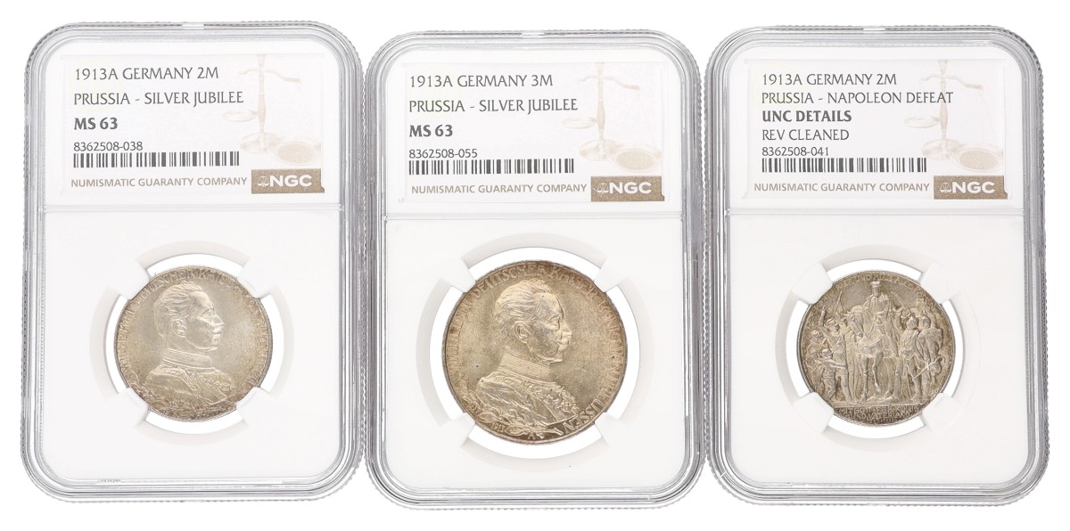 Goudwisselkantoor auction: German states. Prussia. Wilhelm II. Lot (3) 2 & 3 Mark. 1913. NGC graded. MS 63 & UNC Details