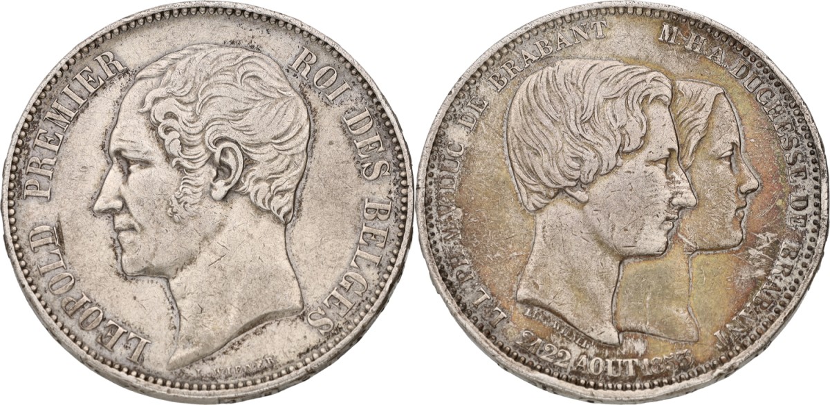Goudwisselkantoor auction: Belgium. Leopold I. 5 Francs. Mariage of the duke. 21.22 Aout 1853. With dot between date. VF +