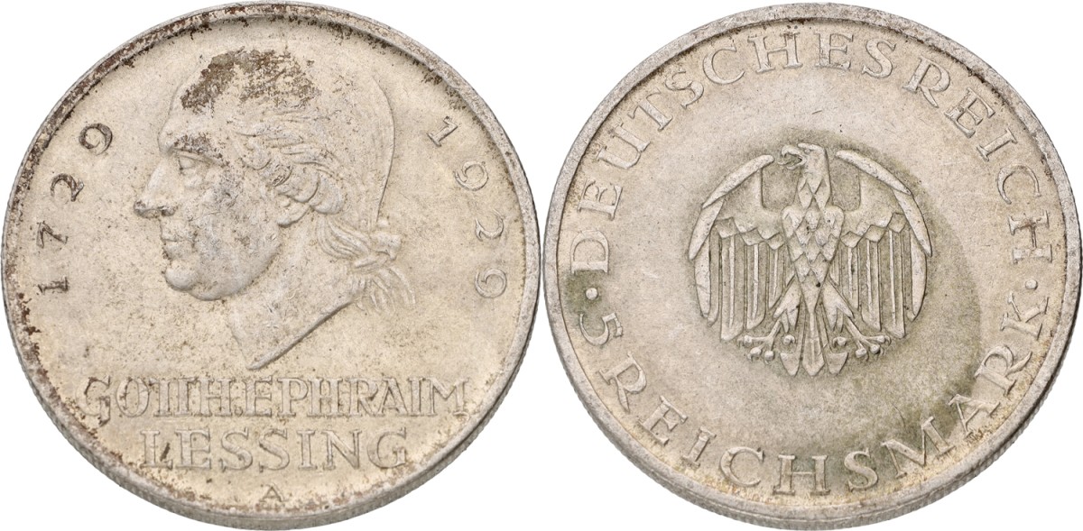 Goudwisselkantoor auction: Germany. Weimar republic. 5 Mark. Gotth. Ephraim Lessing. 1929 A. VF / XF